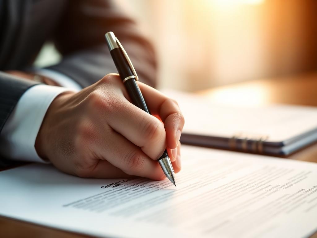 Mão assinando um documento corporativo